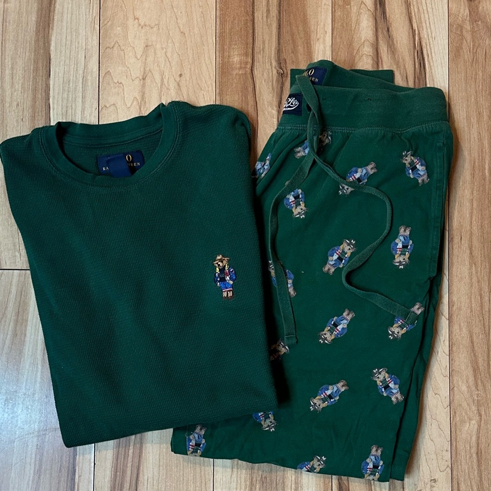 Polo by Ralph Lauren Green Pajama Set with Bear Design M